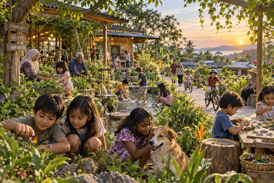 Children exploring a garden stream with a dog