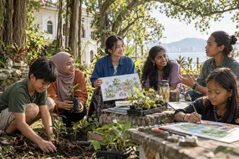 Students sketching ideas outdoors