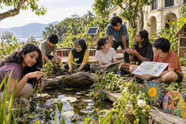 Young people learning around a garden pond